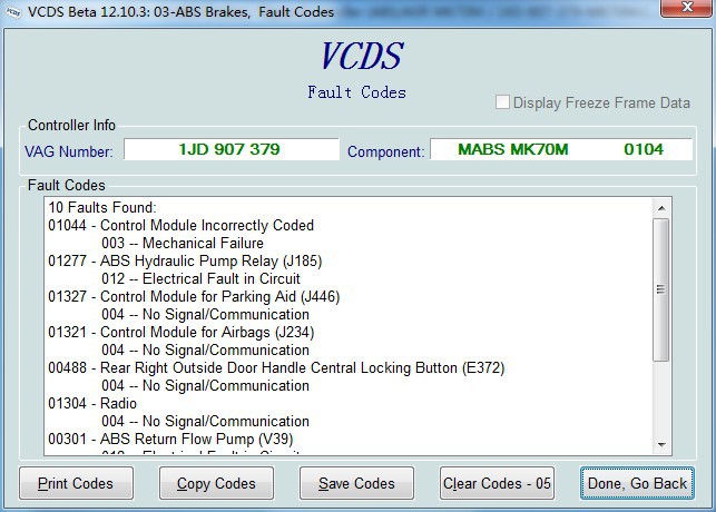 vag com VCDS Beta 12.10.3 ABS Brakes Fault Codes